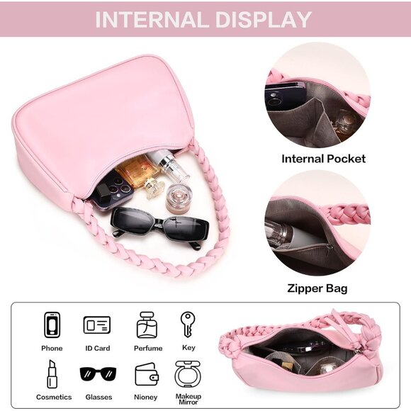 Women's Pink Shoulder Leather Bag Cute Hobo Mini Clutch Zipper Closure Handbag - Picture 4 of 9